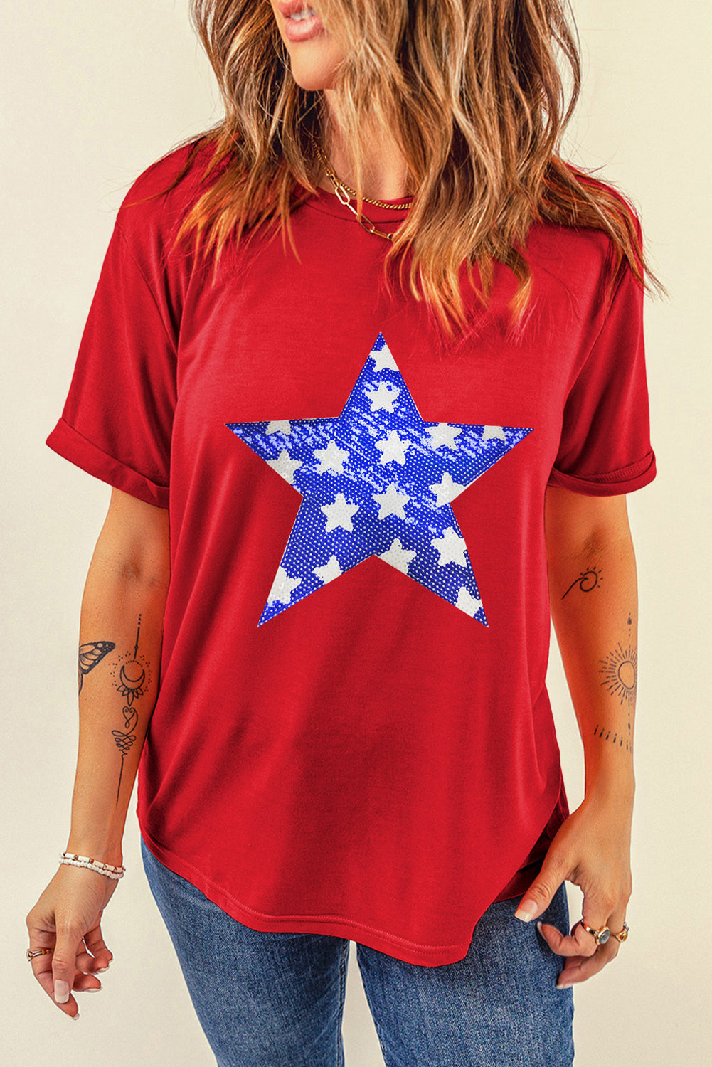 Red Sequin Star Graphic Crewneck T Shirt - Aaria Tees Aaria Tees