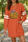 Orange Leopard Print Pumpkin Graphic Varsity Striped Long Sleeve Tunic Dress - Aaria Tees Aaria Tees