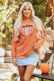 Orange Sequined Pumpkin Ribbed Round Neck Halloween Sweatshirt - Aaria Tees Aaria Tees