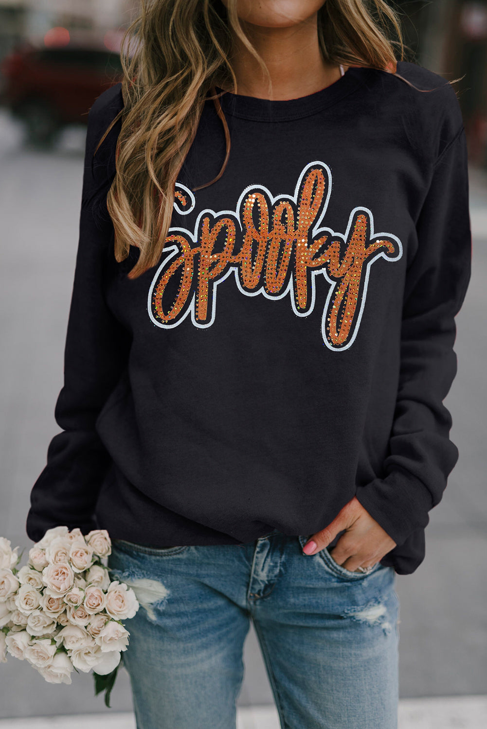 Black Spooky Rhinestone Drop Shoulder Graphic Sweatshirt - Aaria Tees Aaria Tees