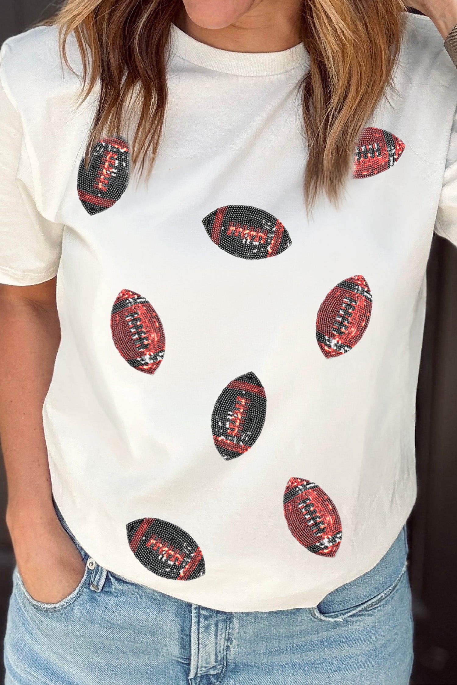 White Sequin Rugby Pattern Round Neck Casual T Shirt - Aaria Tees Aaria Tees