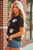 Black Shimmering Sequin Bow Ball Patterned Game Day Casual Tee Aaria Tees