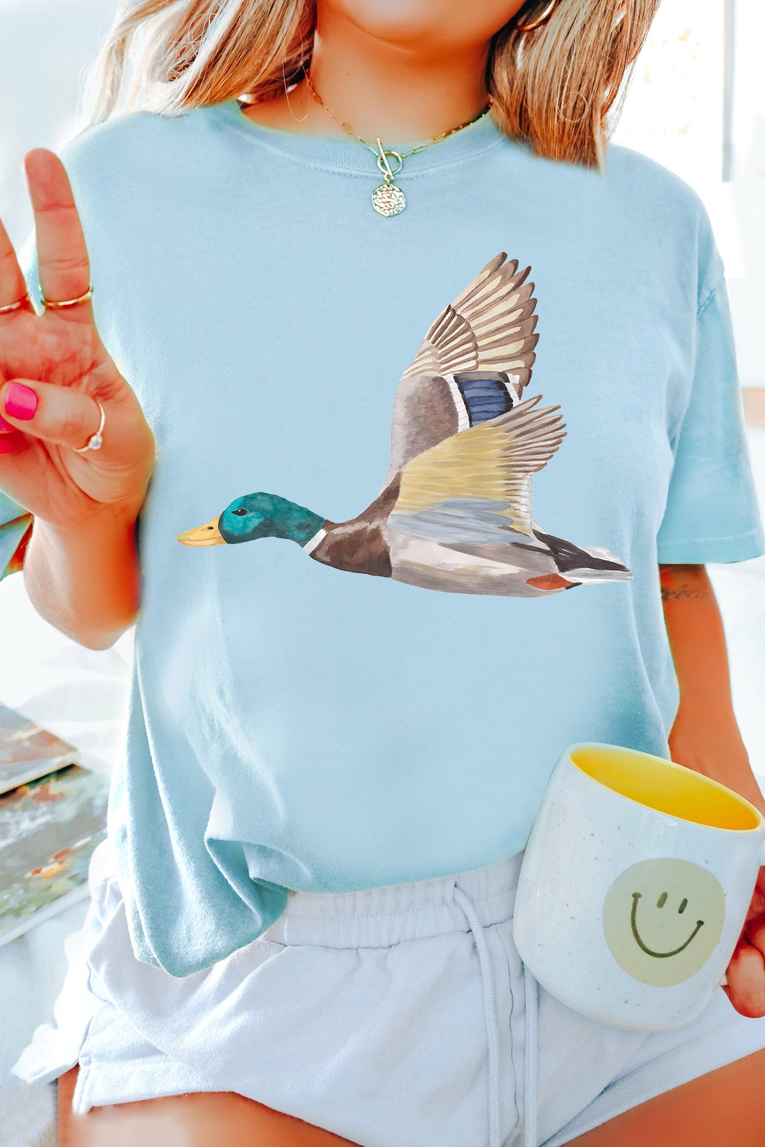 Light Blue Flying Mallard Print Western Graphic Tee - Aaria Tees Aaria Tees
