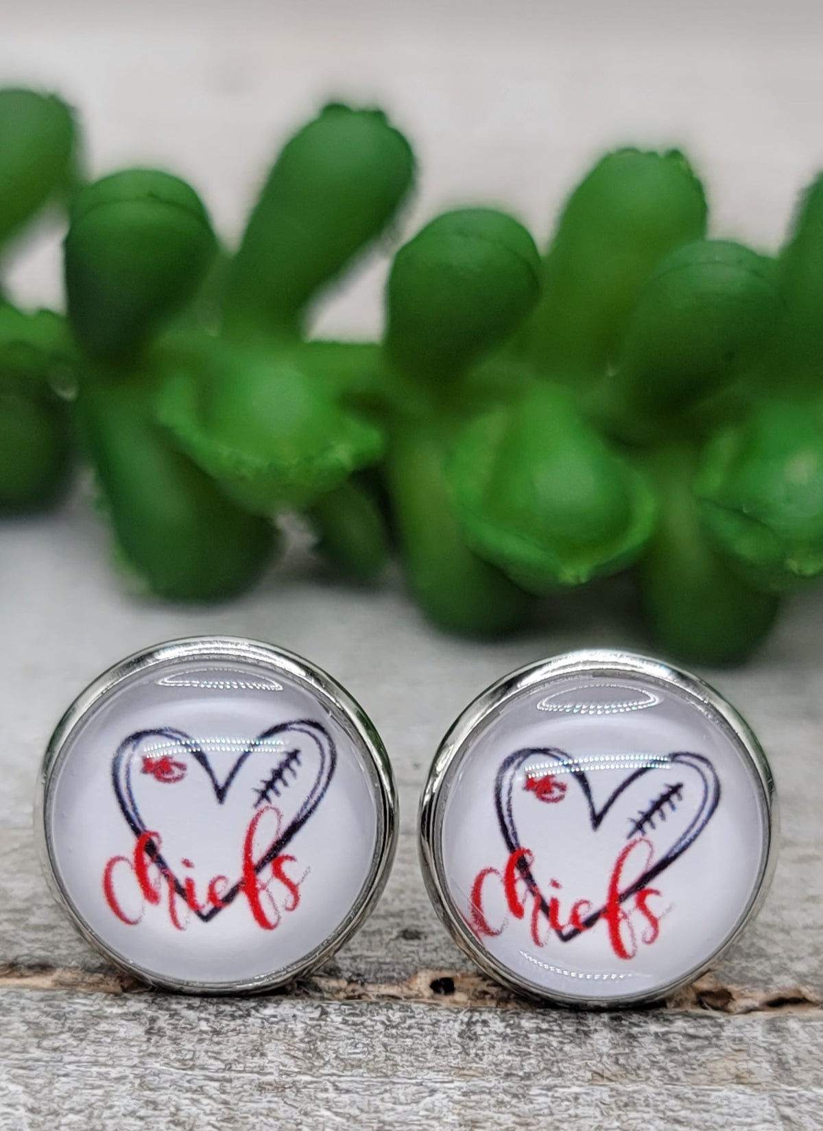 KC Chiefs Football - Heart 12mm Glass Stud Earrings