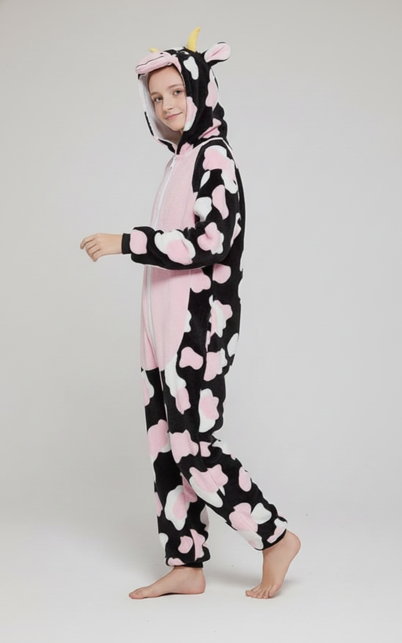 Person wearing a cow-themed onesie with pink hearts on a white background Aaria Tees