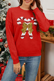 Fiery Red Sequin Bow Candy Cane Graphic Christmas Sweater - Aaria Tees Aaria Tees