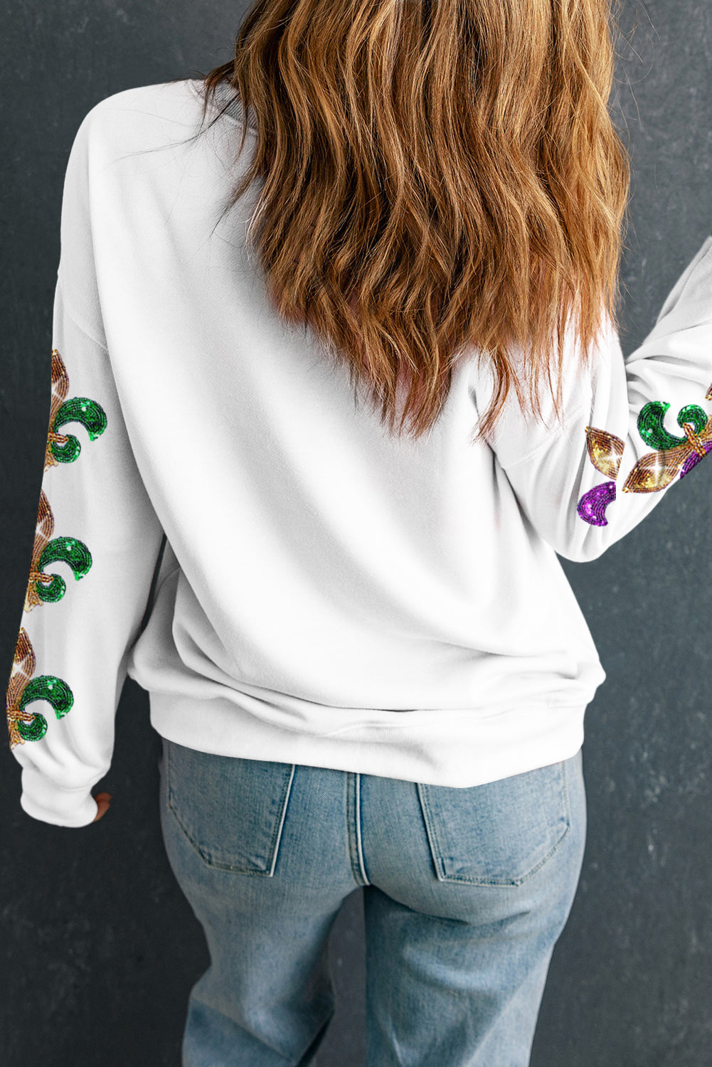 Beige Sequin Mardi Gras Patched Pattern Fleur de Lis Sleeve Sweatshirt - Aaria Tees Aaria Tees