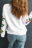 Beige Sequin Mardi Gras Patched Pattern Fleur de Lis Sleeve Sweatshirt - Aaria Tees Aaria Tees