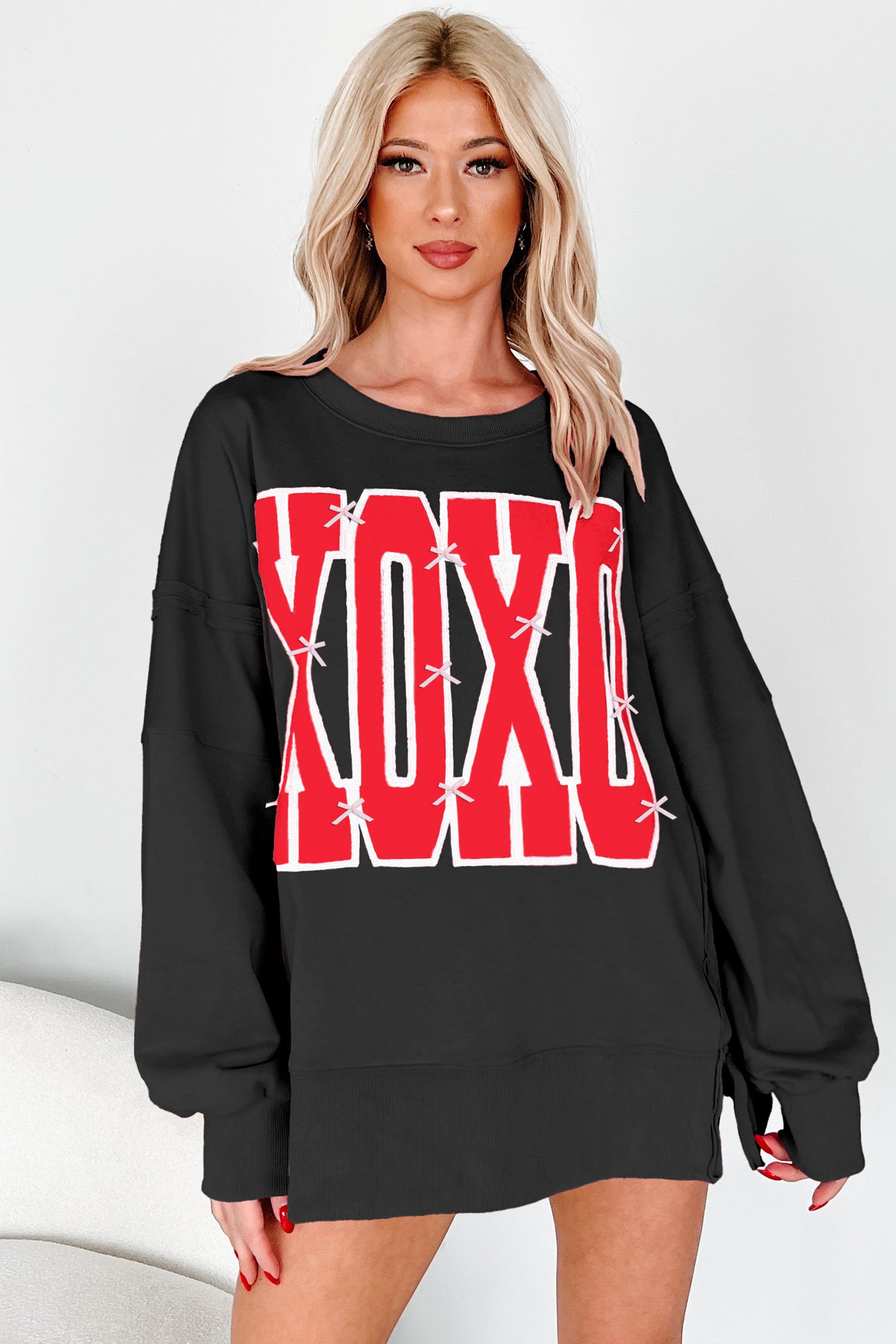 Black Bow Sequin XOXO Letter Graphic Exposed Seam Baggy Sweatshirt - Aaria Tees Aaria Tees