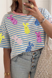 Sky Blue Stripe Sequin Easter Bunny Patched Drop Shoulder Tee Aaria Tees