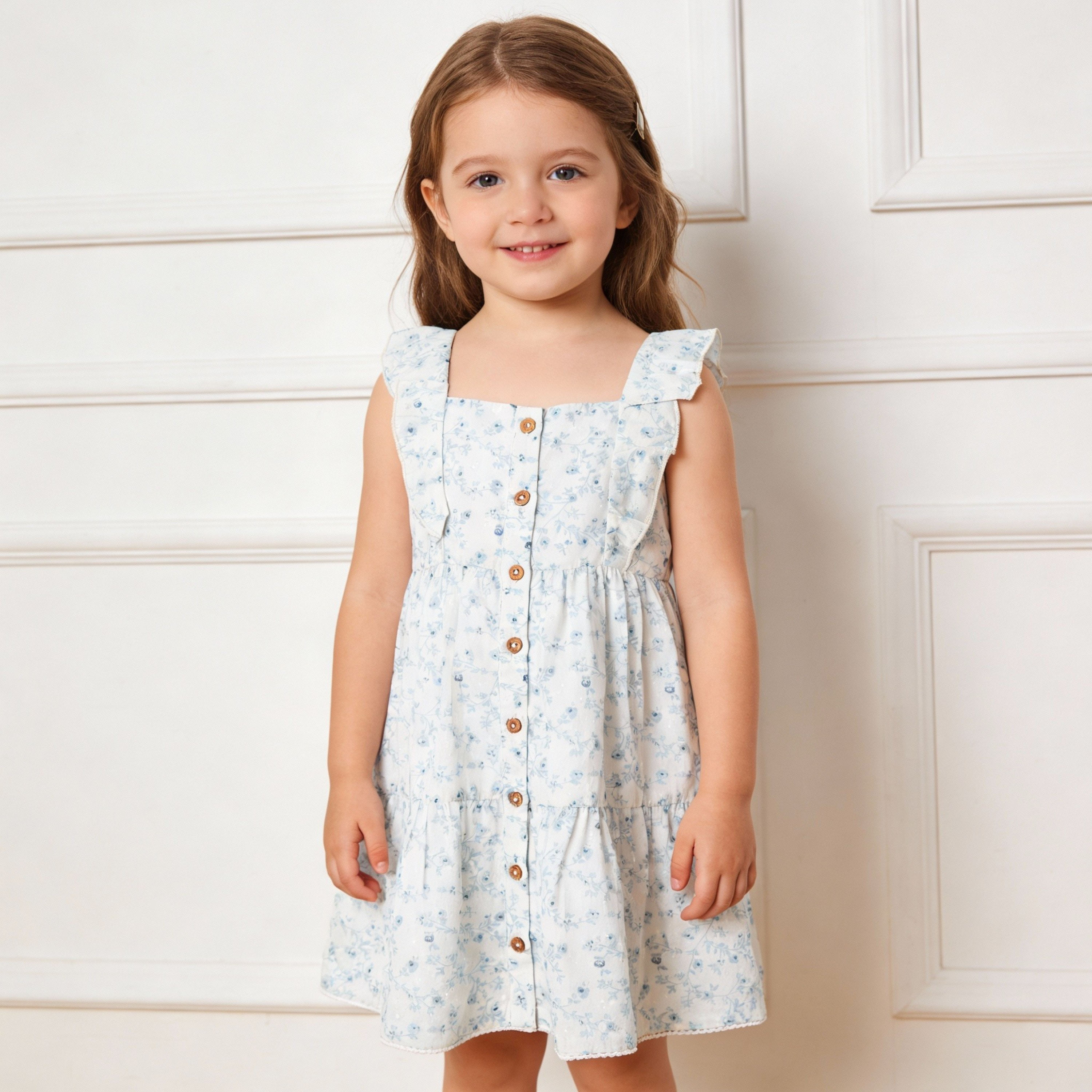 Organic Flutter Buttoned Tiered Dress - Ivy Floral - Aaria Tees Aaria Tees