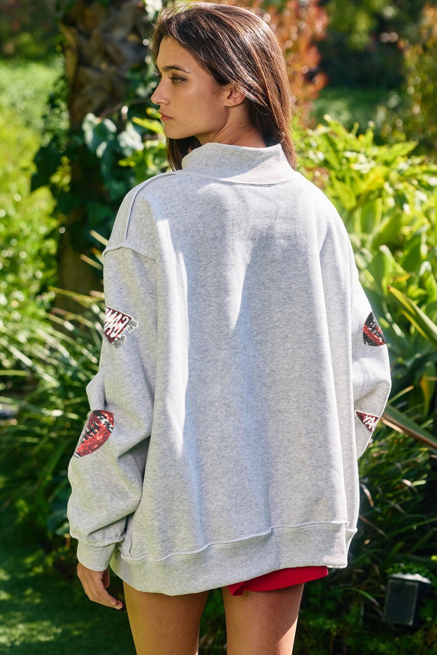 Light Grey Sequin Rugby Game Day High Neck Baggy Sweatshirt - Aaria Tees Aaria Tees