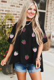 Black Sequin Strawberry Graphic High Low Relaxed Fit Tee Aaria Tees