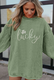 Grass Green Rhinestone lucky Clover Graphic Ribbed St Patrick Sweatshirt - Aaria Tees Aaria Tees