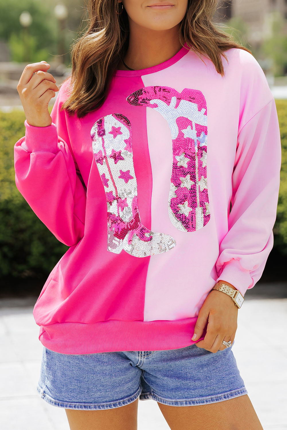 Pink Color Block Sequined Cowgirl Boots Graphic Sweatshirt - Aaria Tees Aaria Tees