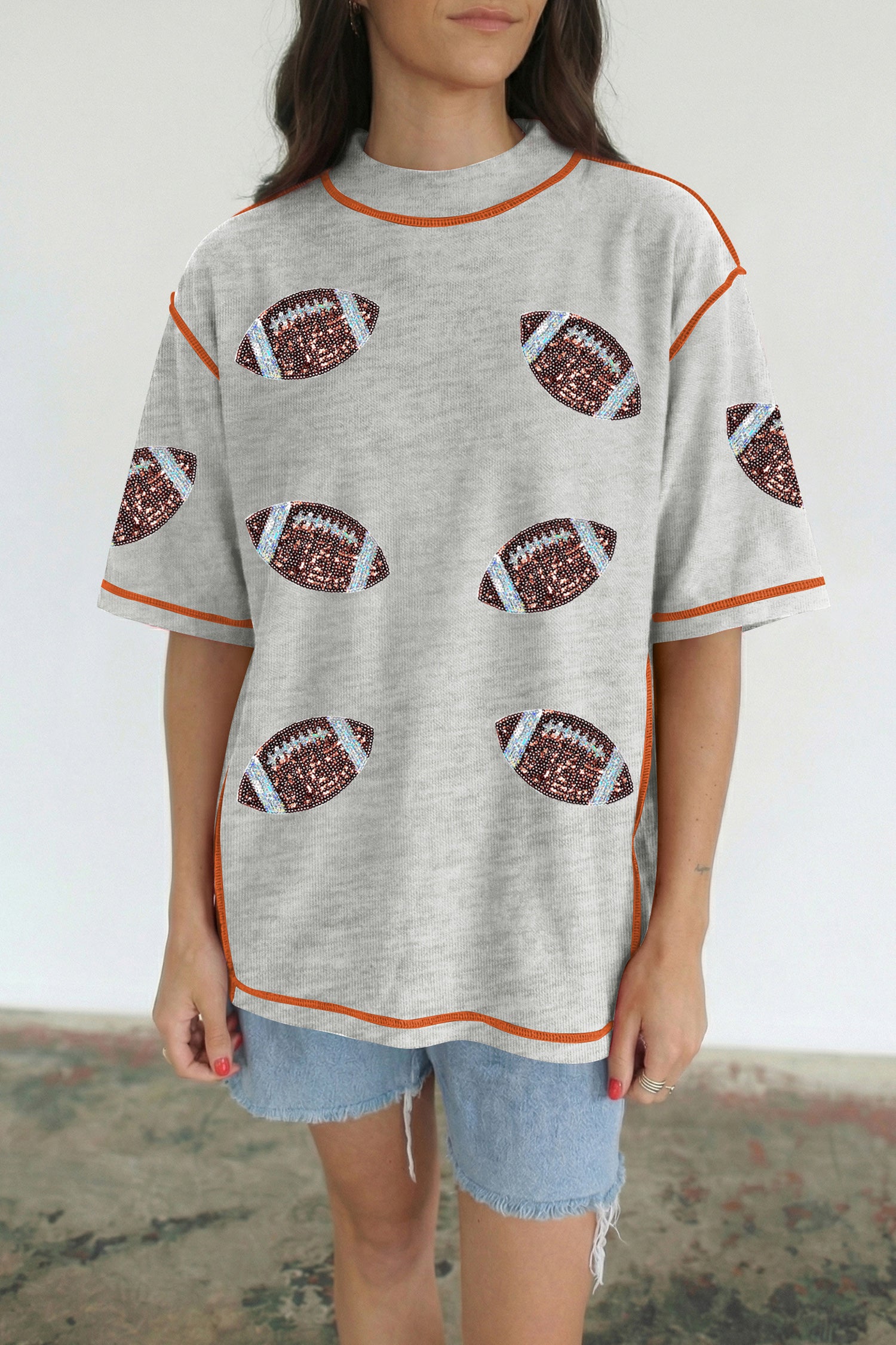 Light Grey Sequin Rugby Football Pattern Contrast Stitched T Shirt - Aaria Tees Aaria Tees
