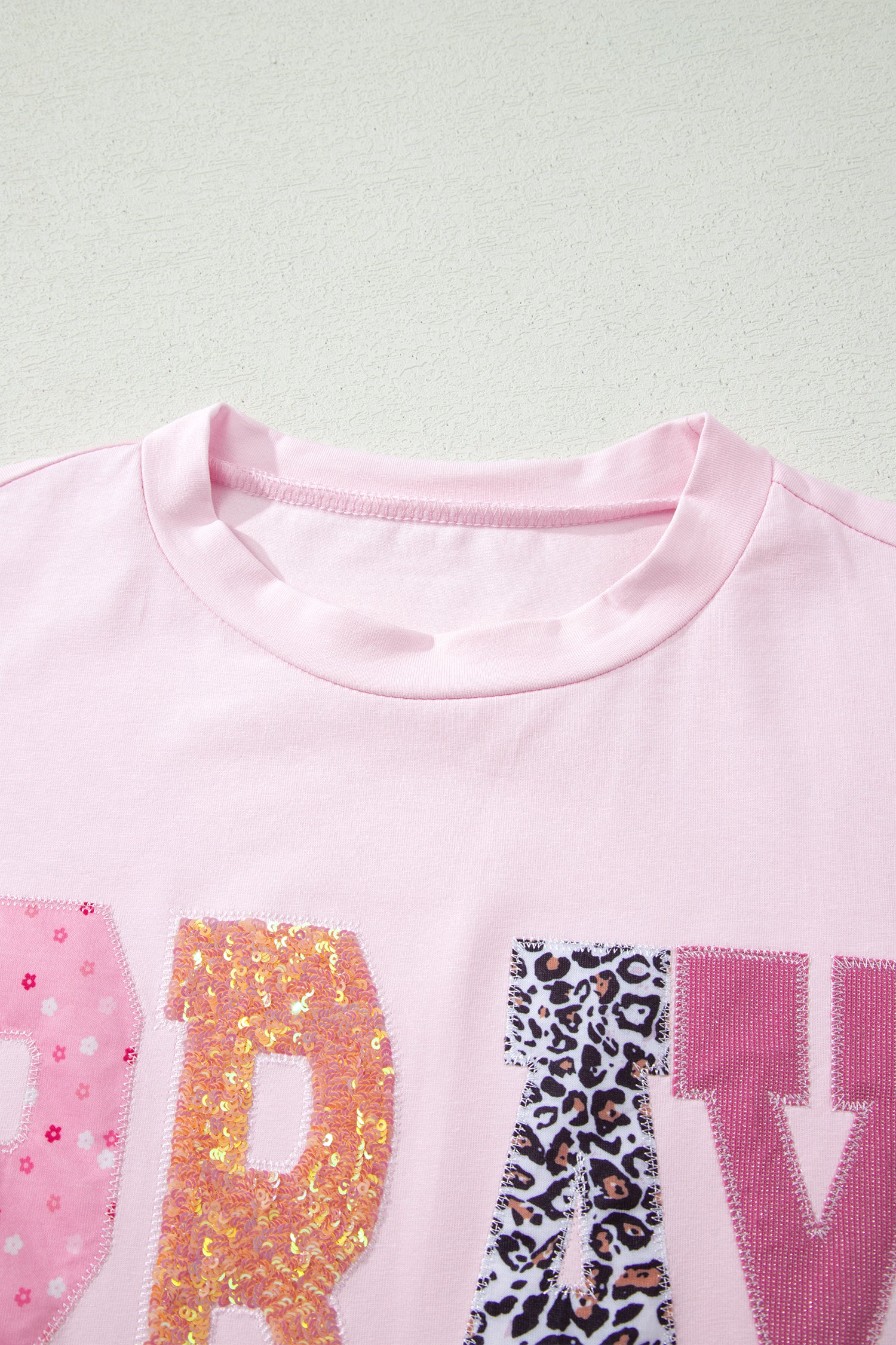 Pink PRAY Sequin Leopard Multiple Patched Graphic Tee - Aaria Tees Aaria Tees