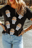 Black Sequin Basketball Patched Graphic Game Day T Shirt - Aaria Tees Aaria Tees
