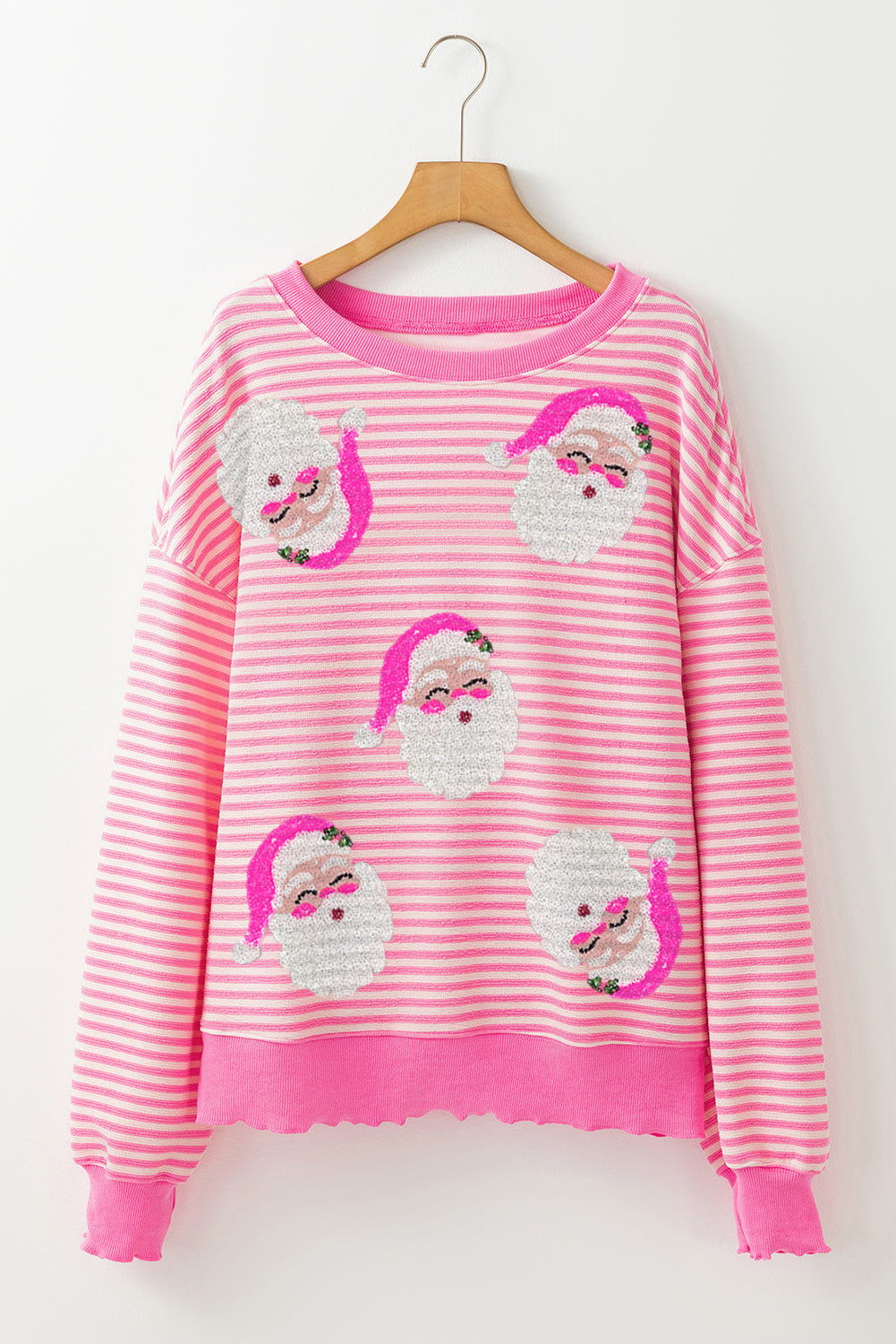 Pink Stripe Santa Clause Print Drop Shoulder Long Sleeve Loose Top - Aaria Tees Aaria Tees