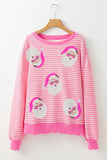 Pink Stripe Santa Clause Print Drop Shoulder Long Sleeve Loose Top - Aaria Tees Aaria Tees