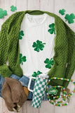 White Sequin Lucky Clover Graphic Crewneck Tee Aaria Tees