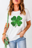 White Sequin Clover Patch Graphic St Patrick Fashion Tee - Aaria Tees Aaria Tees