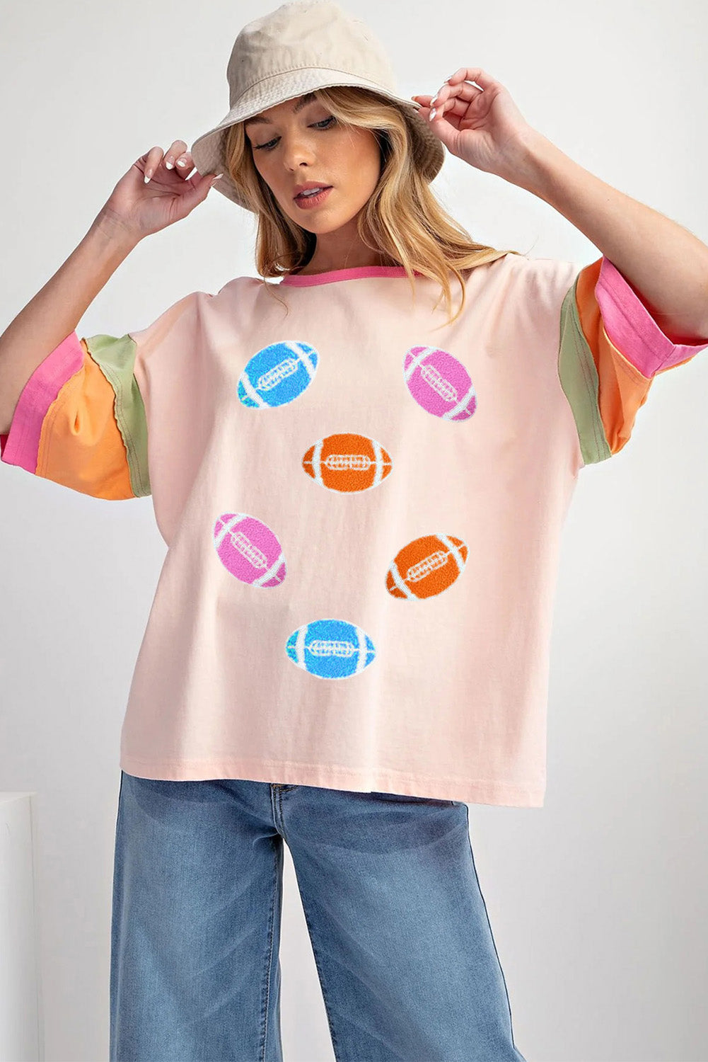 Pink Rugby Chenille Embroidered Color Block Half Sleeve T Shirt - Aaria Tees Aaria Tees