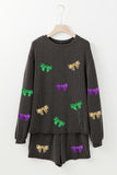 Carbon Grey Bowknot Patched Pattern Corded Long Sleeve Top and Shorts Outfit Aaria Tees
