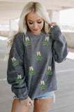Gray Ribbed Round Neck Sequin Christmas Tree Patched Baggy Sweatshirt Aaria Tees