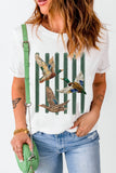 White Western Mallard Stripes Printed Graphic Round Neck Casual Tee Aaria Tees