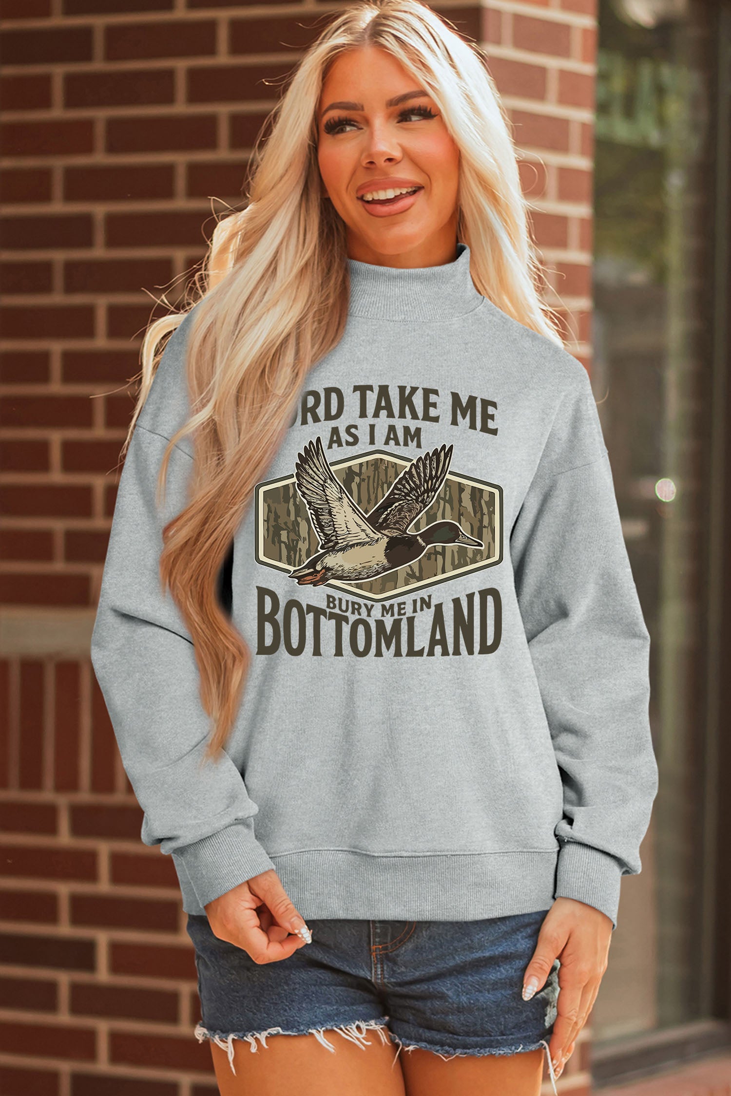 Gray Exposed Seam Mock Neck Western Print Duck Sweatshirt - Aaria Tees Aaria Tees