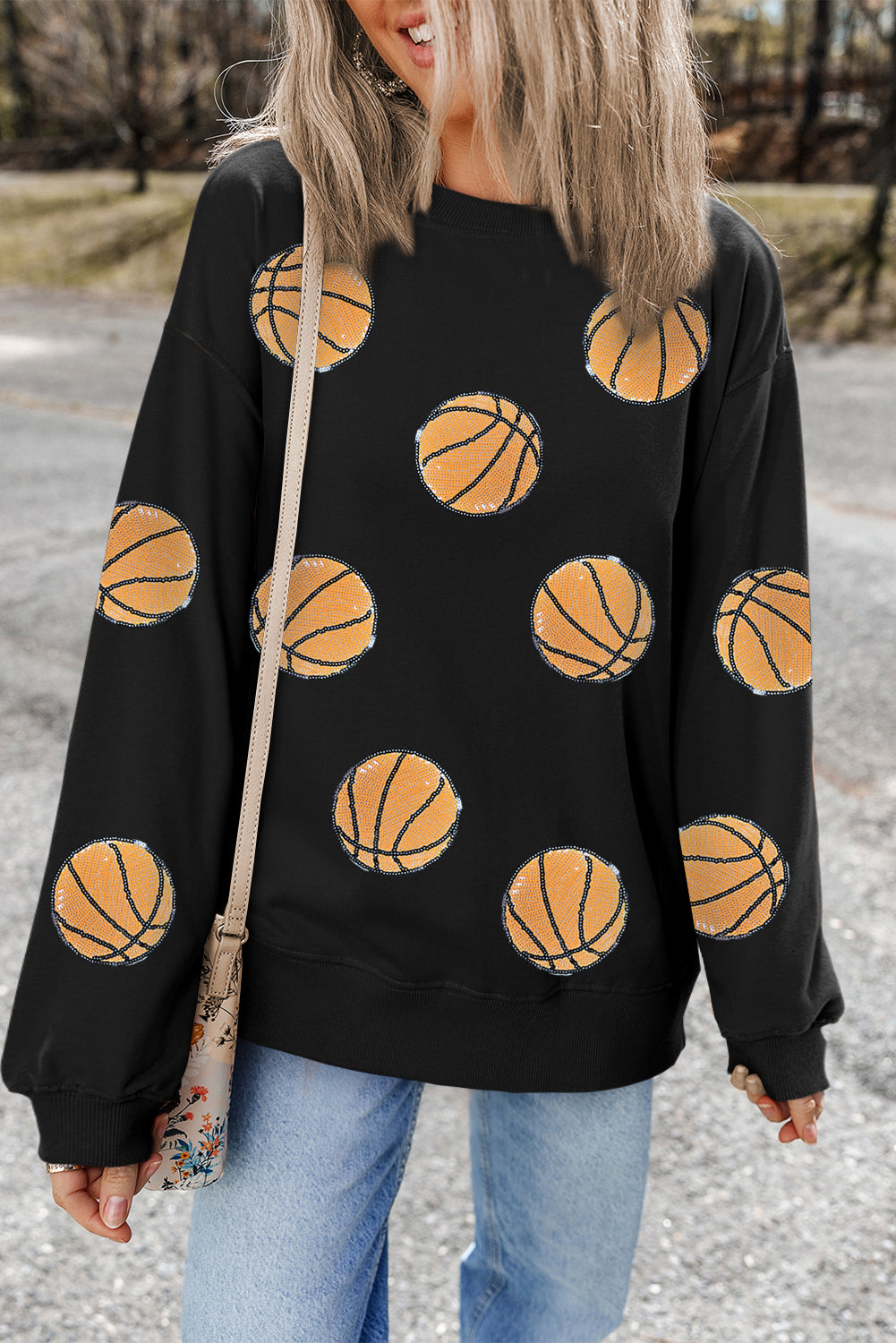 Black Sequin Ball Patched Crewneck Game Day Sweatshirt - Aaria Tees