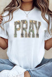 White PRAY Camo Letter Print Casual Round Neck T Shirt - Aaria Tees Aaria Tees