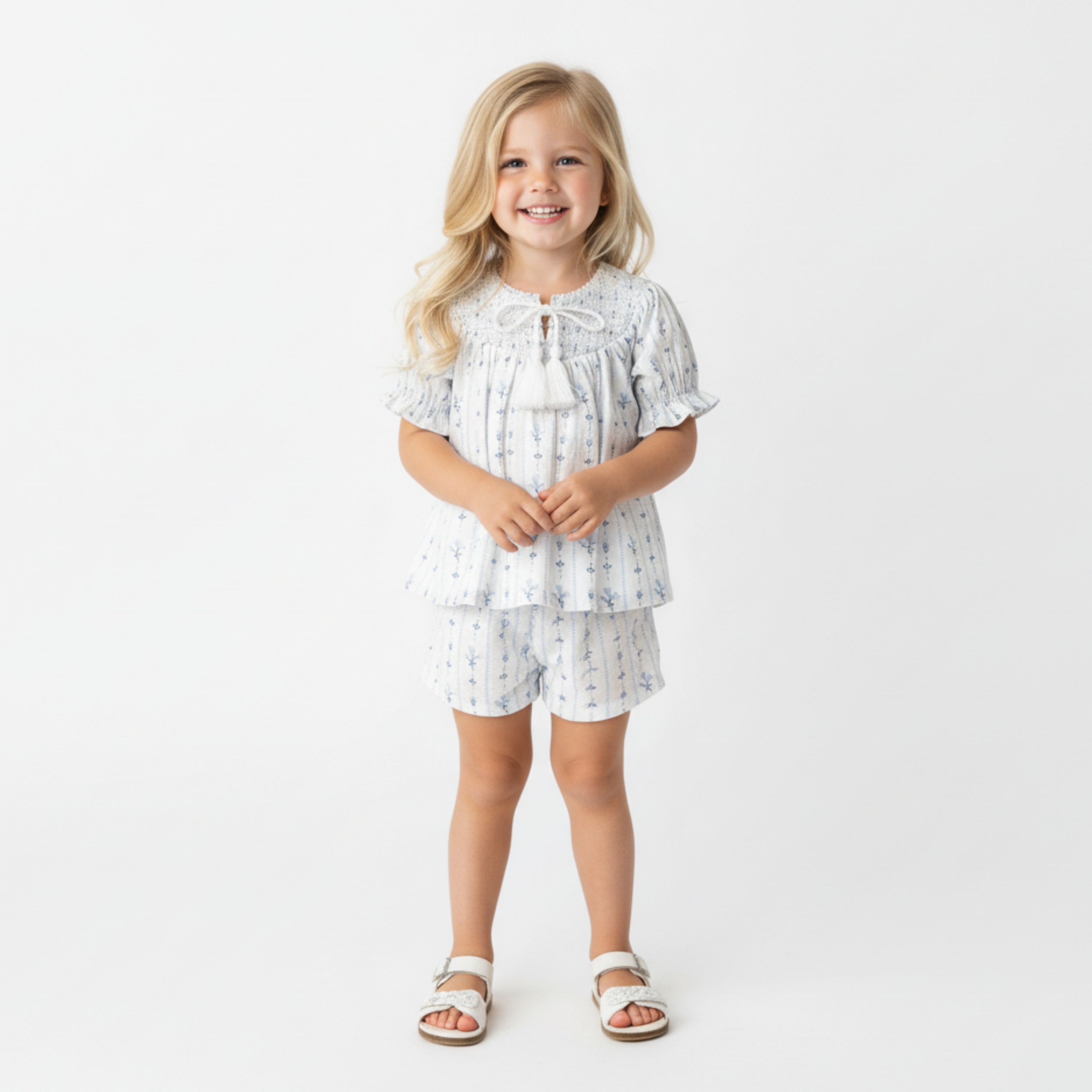 Organic Smocked Top & Shorts Set - Blue Vines - Aaria Tees Aaria Tees