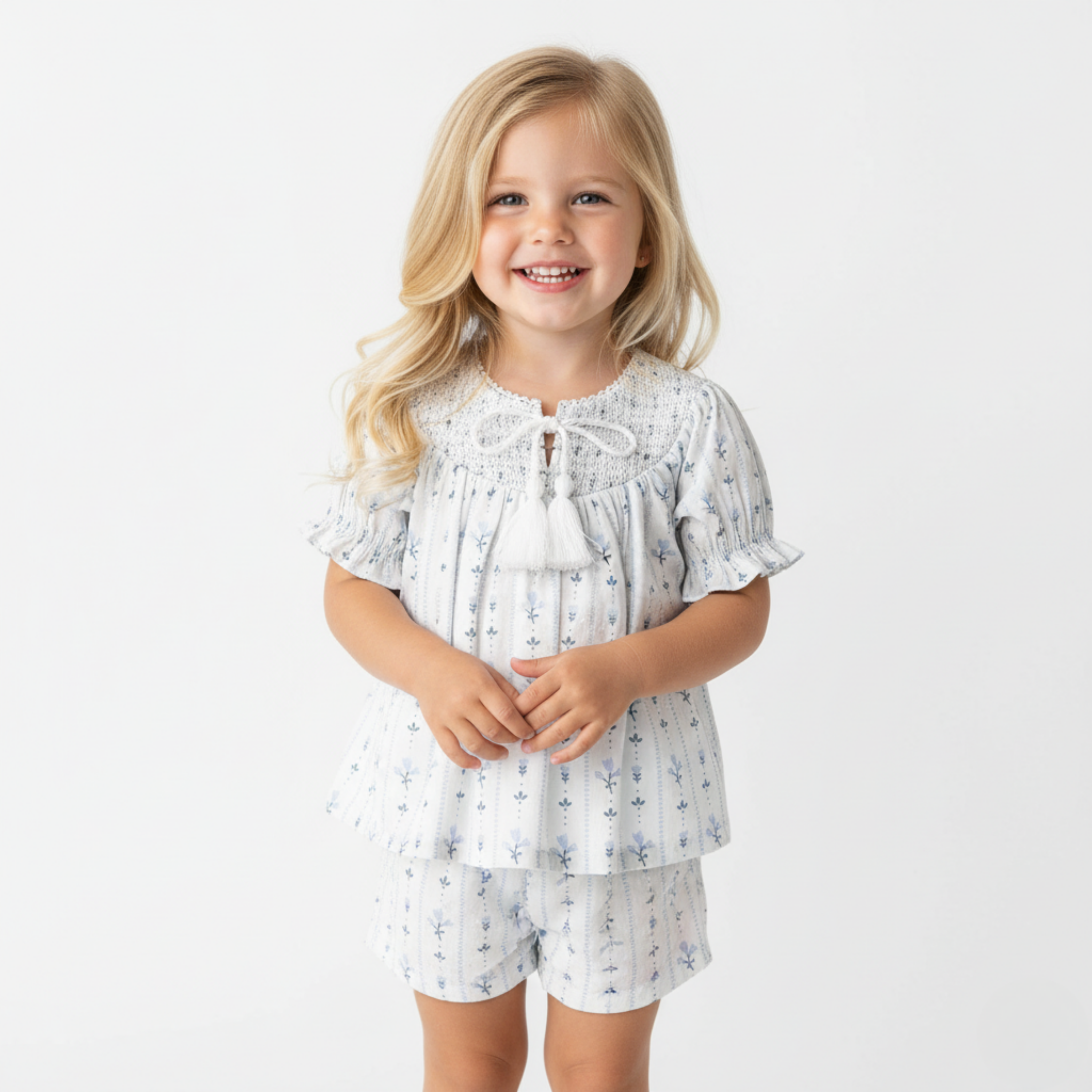 Organic Smocked Top & Shorts Set - Blue Vines - Aaria Tees Aaria Tees