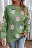 Grass Green Corded Ribbed Sequin Patched Santa Claus Graphic Sweatshirt Aaria Tees
