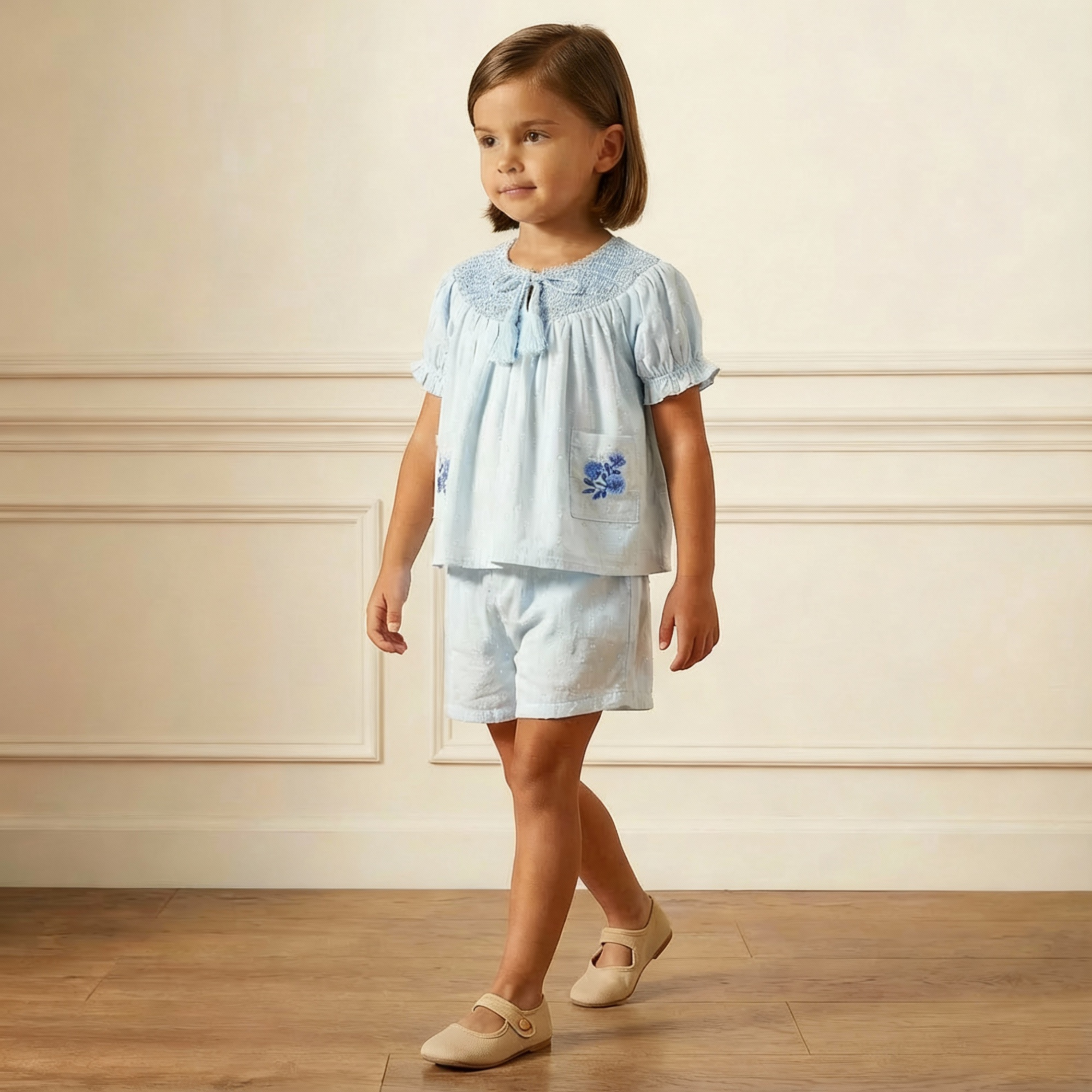 Organic Smocked Top & Shorts Set - Light Blue - Aaria Tees Aaria Tees