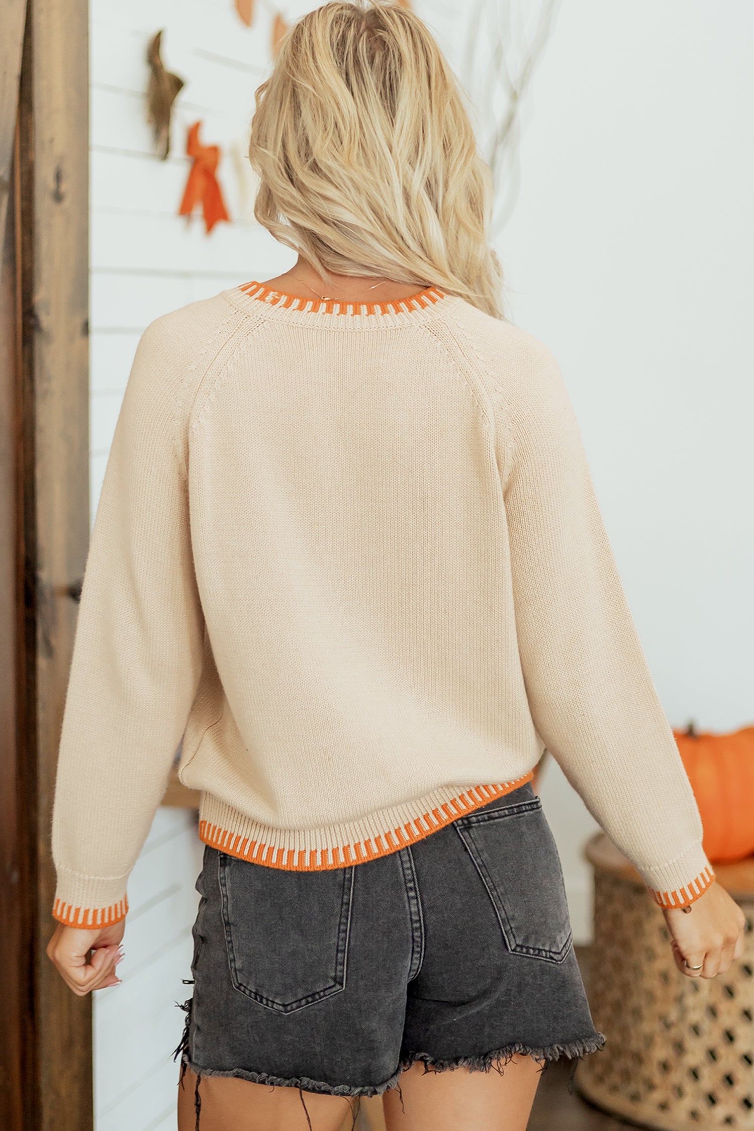 Parchment Floral Embroidery Pumpkin Long Sleeve Round Neck Sweater - Aaria Tees Aaria Tees