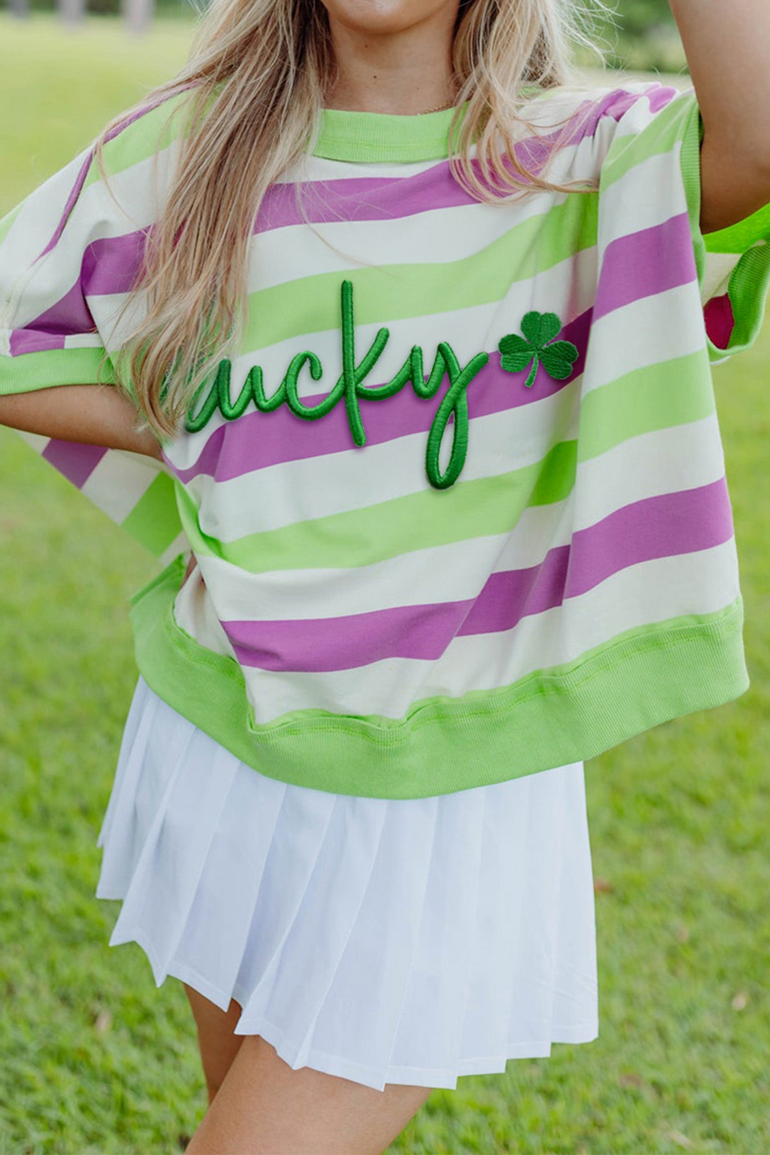 Green Stripe Lucky Clover Embroidered Graphic Dolman Loose Tee - Aaria Tees Aaria Tees