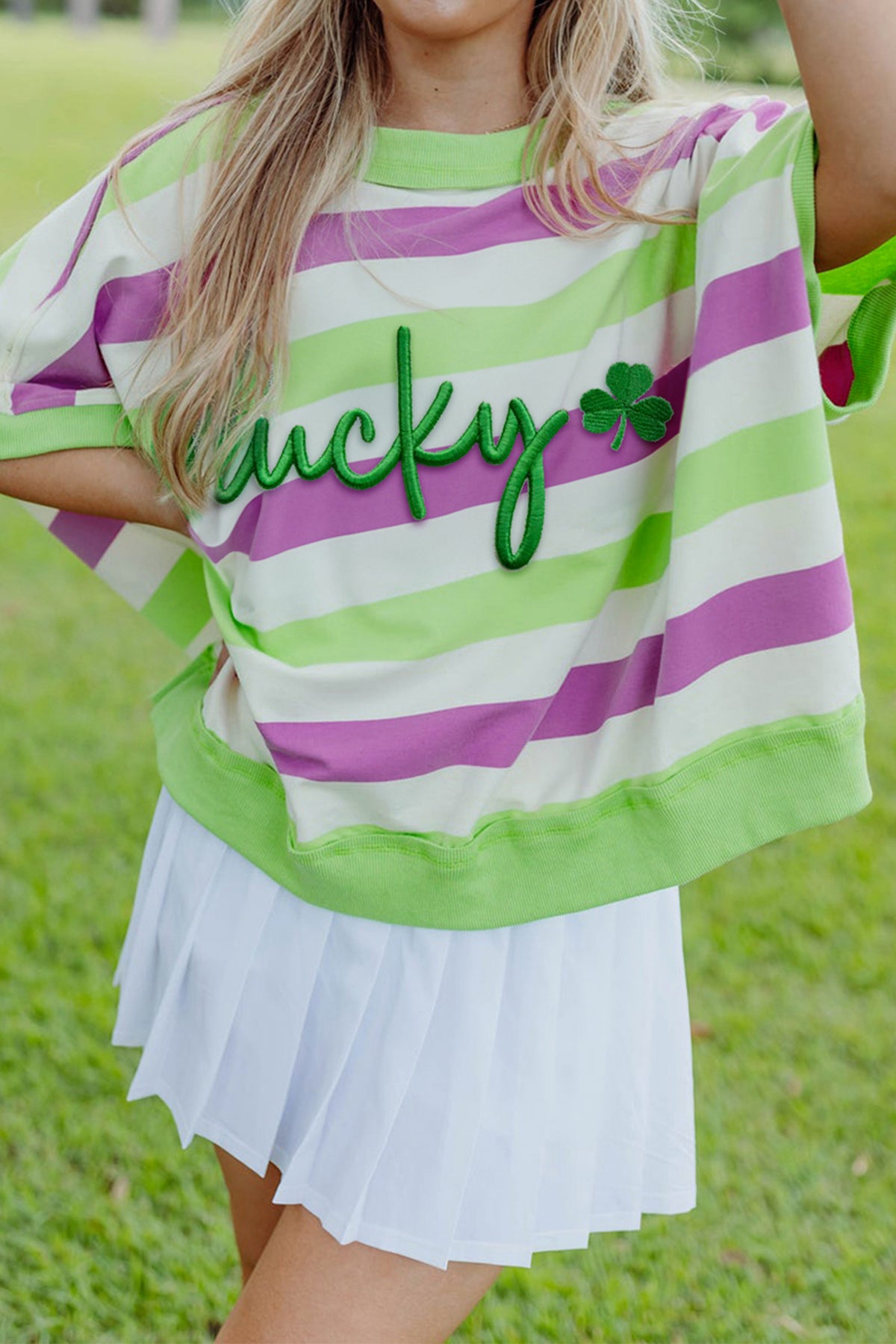 Green Stripe Lucky Clover Embroidered Graphic Dolman Loose Tee - Aaria Tees