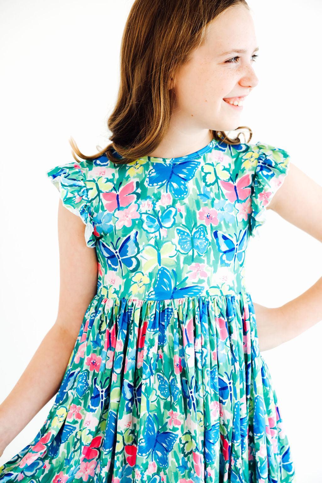 Watercolor Butterflies Flutter Sleeve Twirl Dress - Aaria Tees Aaria Tees