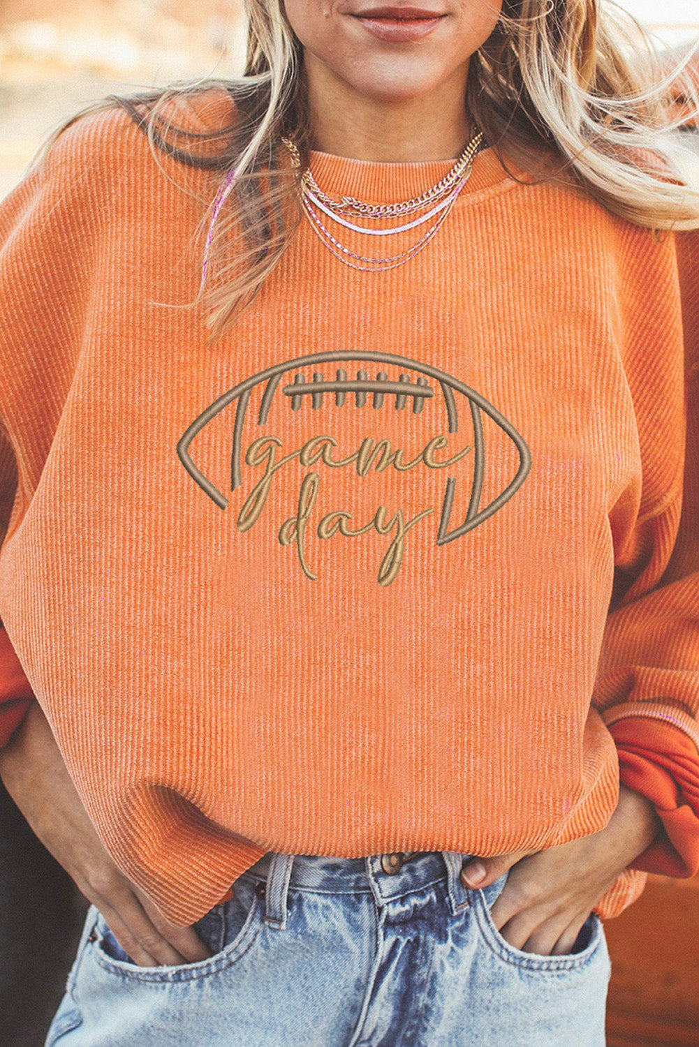 Dark Blue Rugby Game Day Embroidered Corduroy Sweatshirt - Aaria Tees Aaria Tees