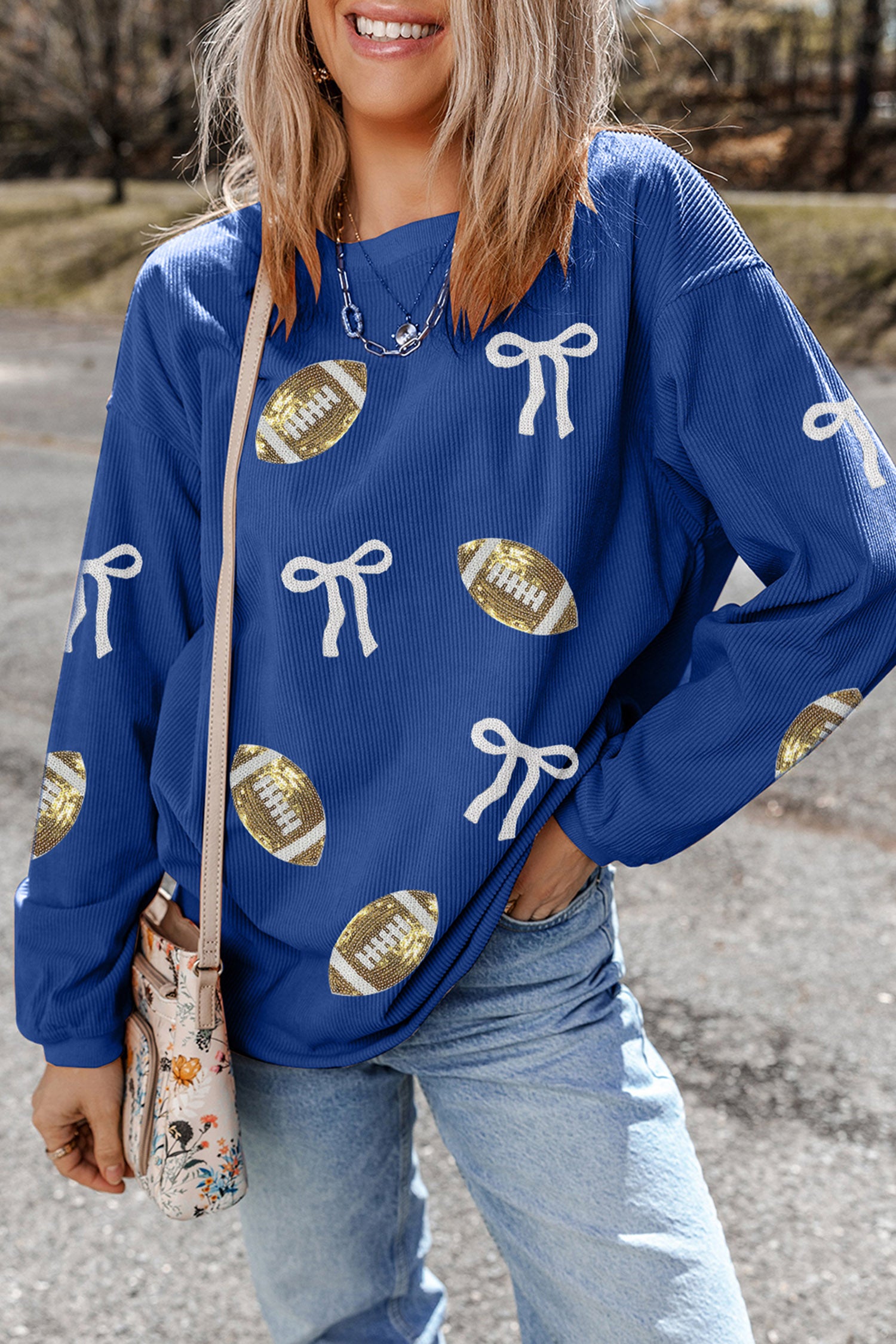 Dark Blue Corded Rib Sequin Rugby Bow Graphic Dropped Shoulder Sweatshirt - Aaria Tees Aaria Tees