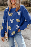 Dark Blue Corded Rib Sequin Rugby Bow Graphic Dropped Shoulder Sweatshirt - Aaria Tees Aaria Tees