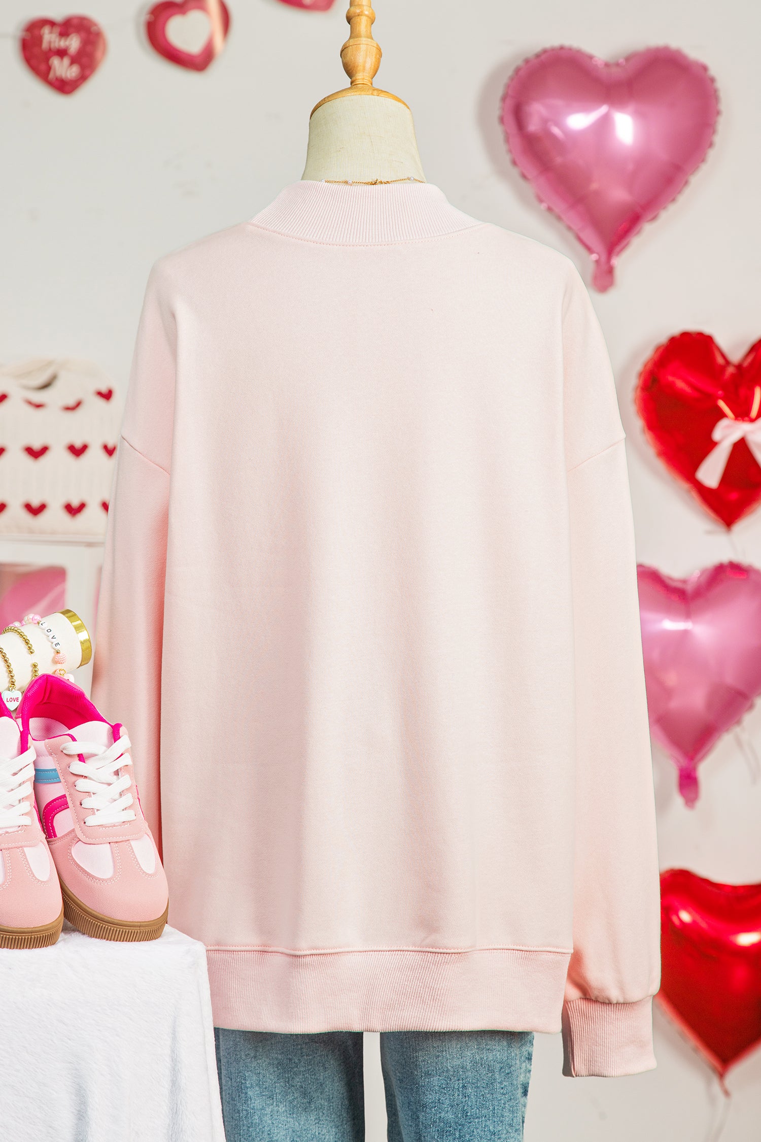 Apricot Pink Valentines Bow Heart Embroidered Mock Neck Sweatshirt - Aaria Tees Aaria Tees