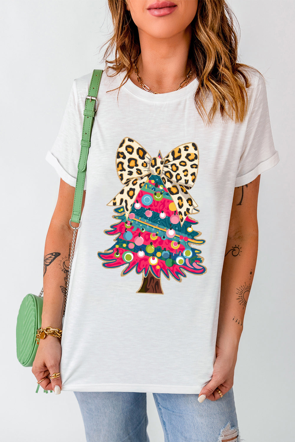 White Leopard Bow Décor Christmas Tree Graphic Crew Neck Tee - Aaria Tees Aaria Tees