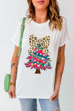 White Leopard Bow Décor Christmas Tree Graphic Crew Neck Tee - Aaria Tees Aaria Tees