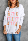 White Easter Bunny Bow Print Round Neck Pullover Sweatshirt Aaria Tees