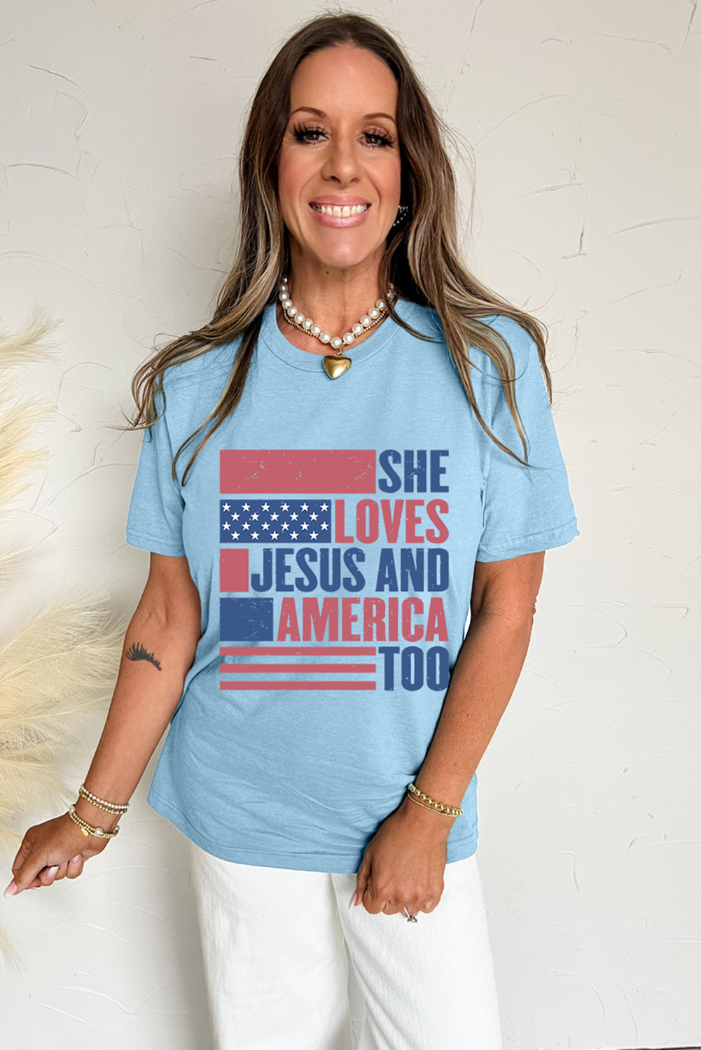 Light Blue SHE LOVES JESUS AND AMERICA TOO Flag Graphic T Shirt - Aaria Tees Aaria Tees