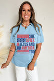 Light Blue SHE LOVES JESUS AND AMERICA TOO Flag Graphic T Shirt - Aaria Tees Aaria Tees